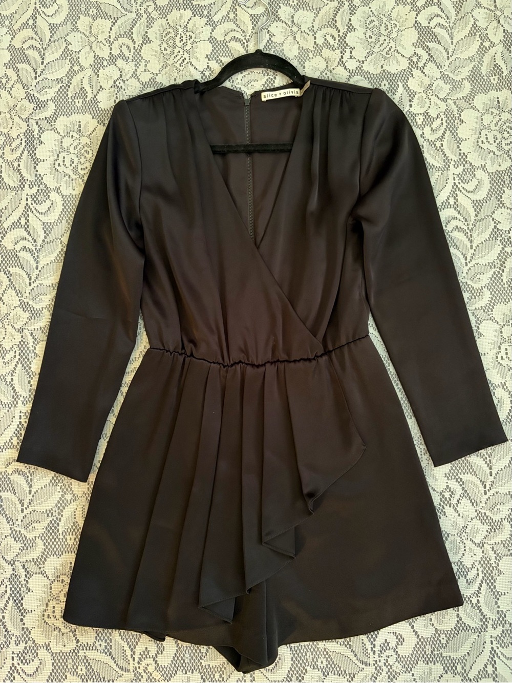 Alice + Olivia Black Satin Demi Ruffled Wrap Romper